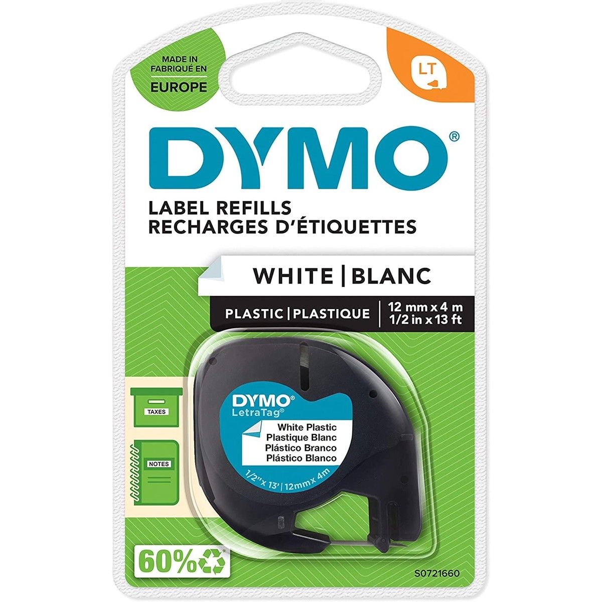 Dymo Cassettes ruban LT, S0721660, 4 m, 12 mm, blanc, plastique